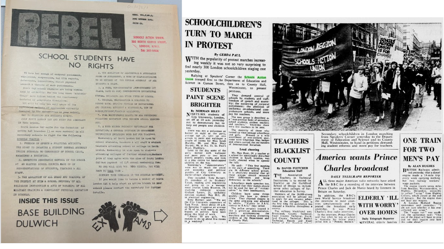 One the left hand side is the front page of SAU Magazine Rebel. The article is titled ‘School Students Have No Rights’ and lists the demands of the SAU. On the right is a copy of the first newspaper article written on the SAU by any mainstream media