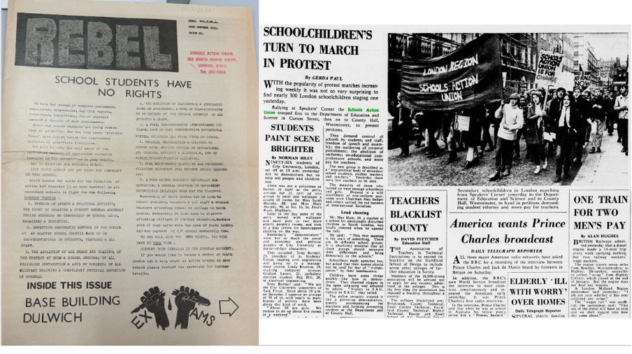 Roberts blog image One the left hand side is the front page of SAU Magazine Rebel. The article is titled ‘School Students Have No Rights’ and lists the demands of the SAU. On the right is a copy of the first newspaper article written on the SAU by any mainstream media
