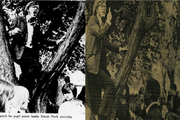 On the left, Stephen Finch is standing in the middle of a tree, with two trunks framing his body talking to a crowd. On the right, Stephen Finch is shown again to be in the same tree. He has a more relaxed facial expression and is far more composed.