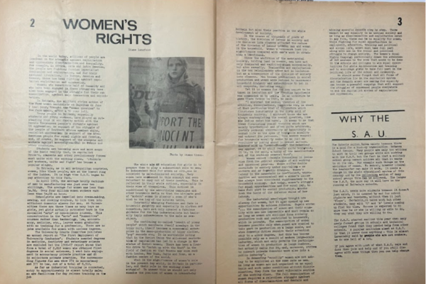 Roberts blog image A two page spread from the SAU’s Rebel Magazine dated 1969. The title of the article is ‘Women’s Rights’ and explains the injustices women face on a day-to-day basis before explaining how the SAU will help to address such injustices.