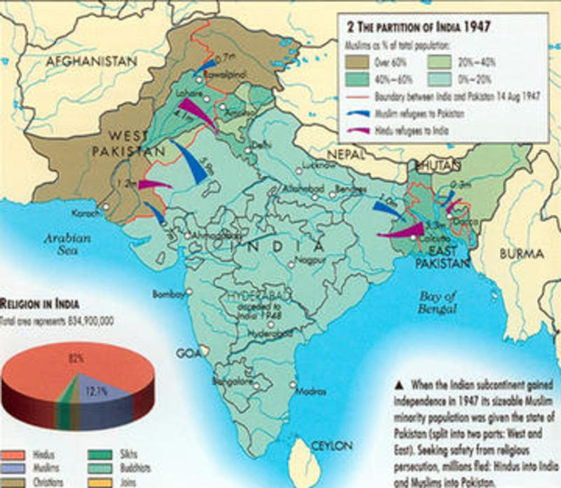 ‘An attempt to show the population transfers in August 1947; the pie chart applies to post-1947 India’ ‘An attempt to show the population transfers in August 1947; the pie chart applies to post-1947 India’