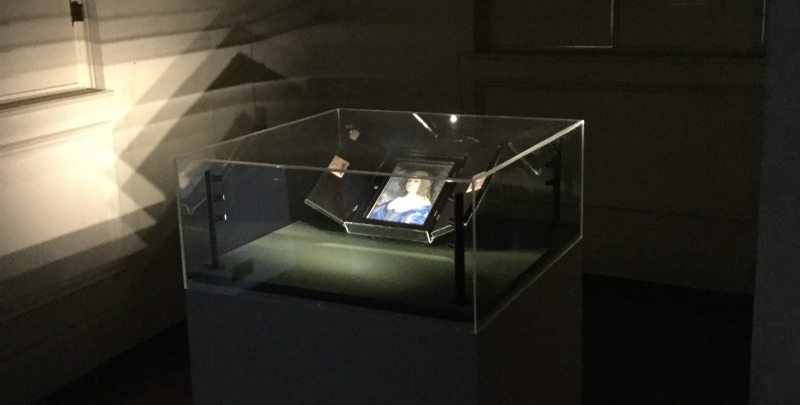 The glass case containing a portrait of Katherine Murray at Ham House, Richmond