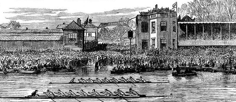 Oxford-Cambridge Boat Race dead heat finish - B&W engraving - 1877