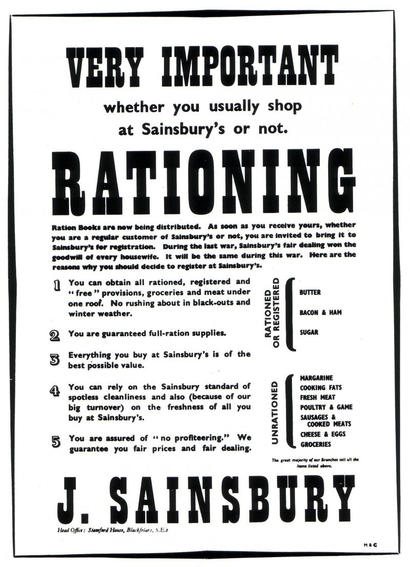 A poster from the supermarket J. Sainsbury's advertising ration book registration.