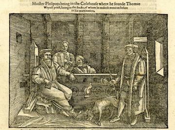 A prison cell, with one man in the stocks, three other men standing or sitting, and a dog chewing on a bone; illustration to page 1418 of a 16th-century edition of John Foxe, 'Acts and Monuments' ('Book of Martyrs').