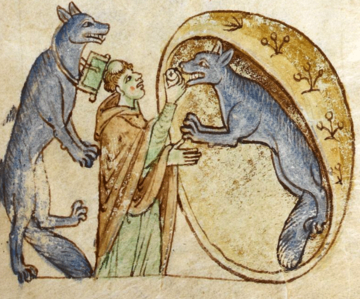 an illustration depicting the story of a travelling priest who meets and communes a pair of good werewolves from the kingdom of ossory from british library royal ms 13 b viii