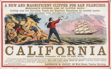 Sailing card for the clipper ship California, depicting scenes from the California gold rush