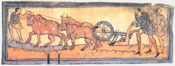Early medieval depiction of a team of oxen pulling a mouldboard plough
