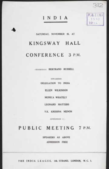 The India League propaganda campaign included public meetings such as the one advertised in this poster 