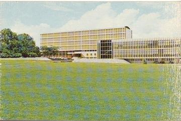 A photograph of the university library, which was completed in 1954 