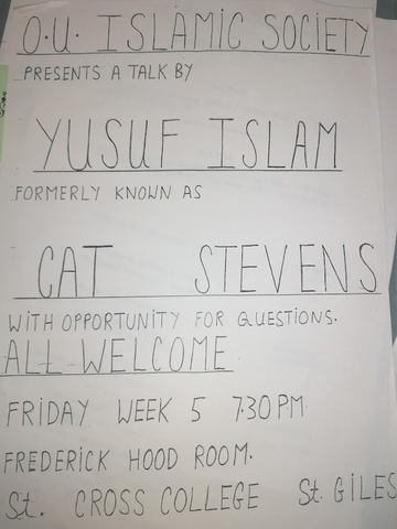 A handwritten advertisement showing Cat Stevens' lecture to the society- dated 1986. 