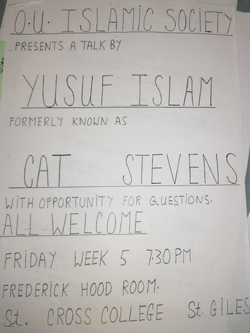 A handwritten advertisement showing Cat Stevens' lecture to the society- dated 1986. A handwritten advertisement showing Cat Stevens' lecture to the society- dated 1986.