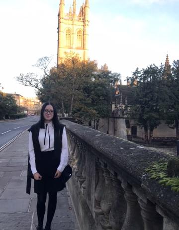 Sarah Large in front of Magdalen Tower