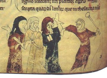 An image from a thirteenth-century manuscript depicting two Jews being beaten. The Jews are depicted in coloured robes (yellow and blue, respectively), which are further marked with badges in the shape of two tablets. Their two persecutors wear red robes.