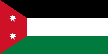 The flag of the Kingdom of Iraq has three horizontal rows which are coloured black, white, and green from top to bottom, with a red trapezium cutting into them on the left-hand side of the flag. The trapezium has two seven-pointed white stars on it.