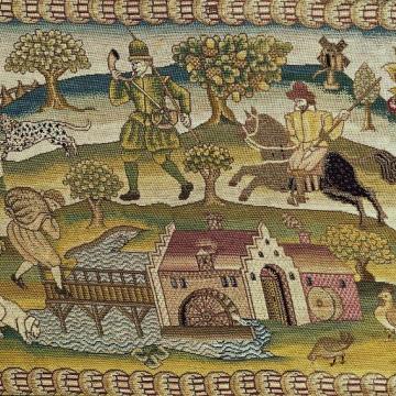 Detail of a carpet showing how 16th century people spent their time.