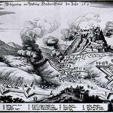 Engraving by Matthäus Merian shows the '''siege of the Hohentwiel fort''' in 1641