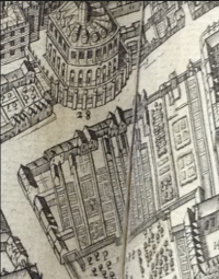 In this detail from David Loggan’s bird’s-eye view of Oxford in Oxonia illustrata (Oxford: e Theatro Sheldoniano, 1675), it is possible to make out the houses and gardens at the north-east end of Canditch (now called Broad Street). 