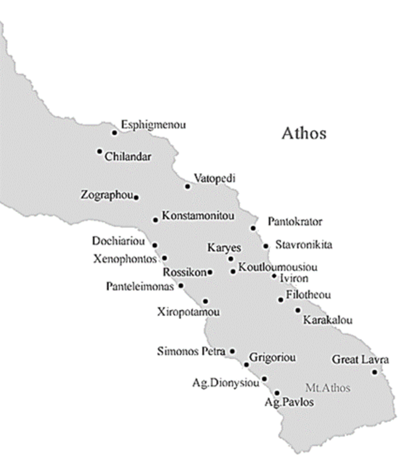 Map of the Mt Athos peninsula showing the locations of the 20 monasteries