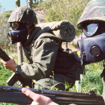 Greek soldiers in gas masks