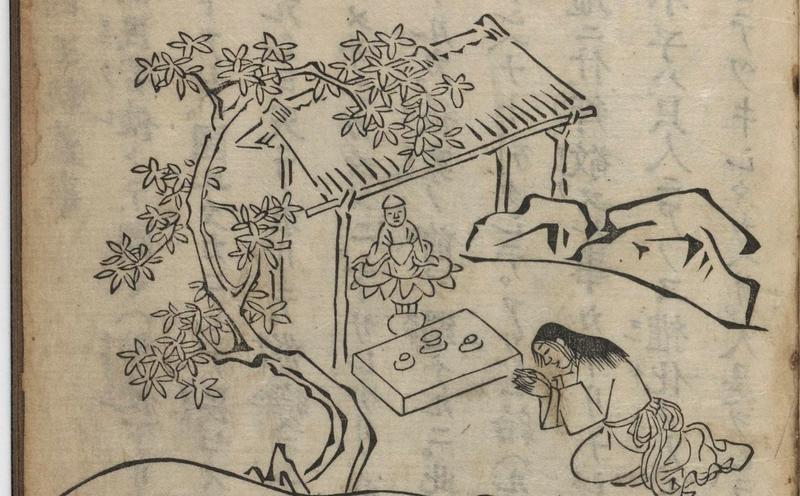 The little boy Kōya Daishi prays in front of a temple he made by himself. His hair is already growing, but his garments are still held together by a string rather than an obi. Detail from Kōya daishi gyōjō zuga