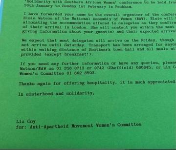 Figure 2: Letter template produced by the Anti-Apartheid Movement Women’s Committee,