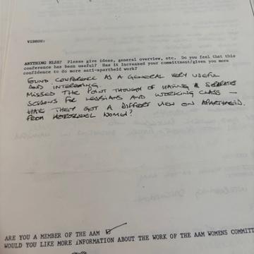 Figure 3: Conference feedback form from an attendee of the 1988 Women’s Dayschool in London,