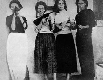Image of four female members of the FLN (1956) who planted bombs during the Battle of Algiers: Samia Lakhdari, Zohra Drif, Djamila Bouhired and Hassiba Ben Bouali.