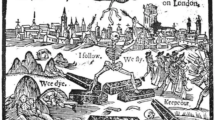 Woodcut of a skeleton reaching for lightening