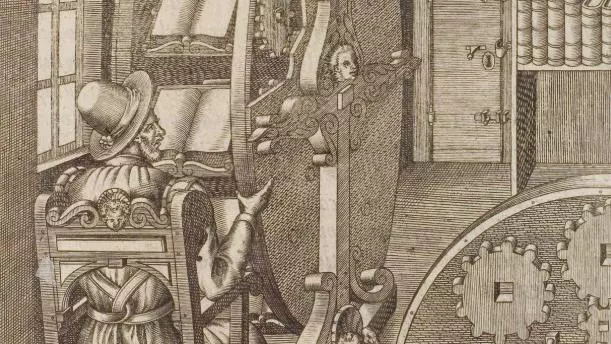 a drawing of a man sat at a reading machine