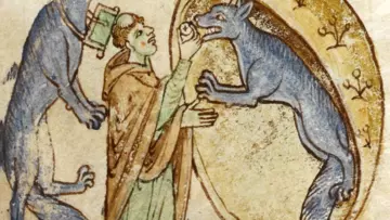 An illustration from 'Topographia Hiberniae' depicting the story of a traveling priest who meets and communes a pair of good werewolves from the kingdom of Ossory.