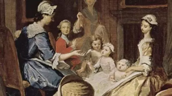 Joseph Highmore’s illustration of Pamela teaching her children (1743–45); in volume four of Samuel Richardson’s novel, Pamela