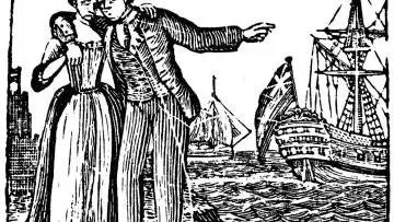 A woodcut of someone being transported