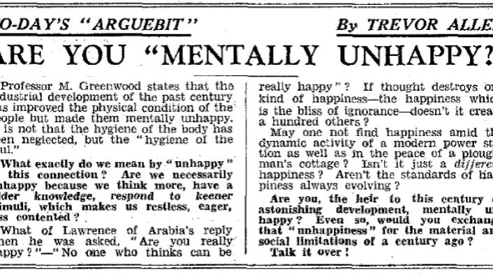 Newspaper article entitled Are you Mentally unhappy