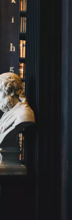 Busts at the end of rows of books